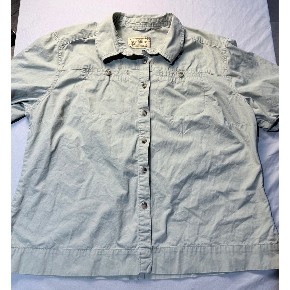 Schmidt Workwear Womens Short Sleeve Button Down Shirt Sage Green Utility Top